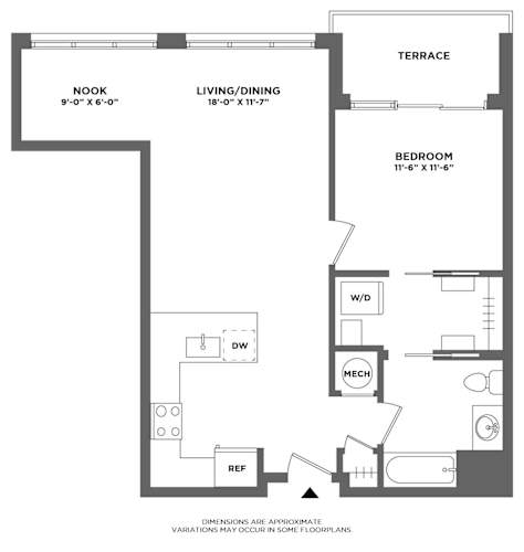 Floor Plan  large one bed, bonus space, private terrace, walk in closet, washer dryer in home
