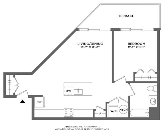 Floor Plan  large private terrace, large one bedroom, closet space, luxury finishes, extra space