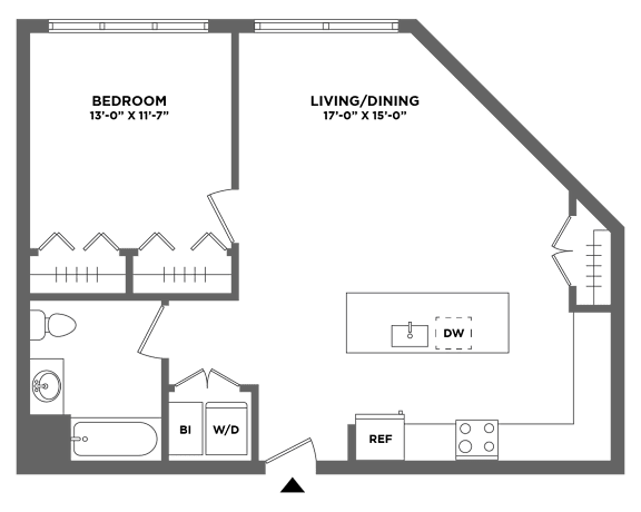 Floor Plan  large one bed, luxury finishes, washer dryer in unit, closet space, chef inspired kitchen