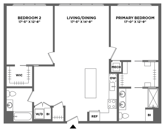 Floor Plan  large two bed, dining area, master suite, hardwood floors, walk in closet, luxury finishes