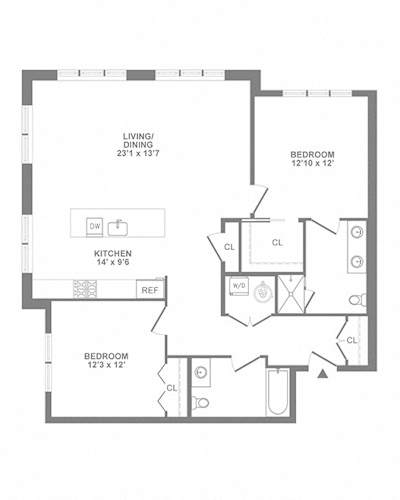 Floor Plan  A floor plan of a small apartment with a living room, dining room, kitchen, and two bedrooms.