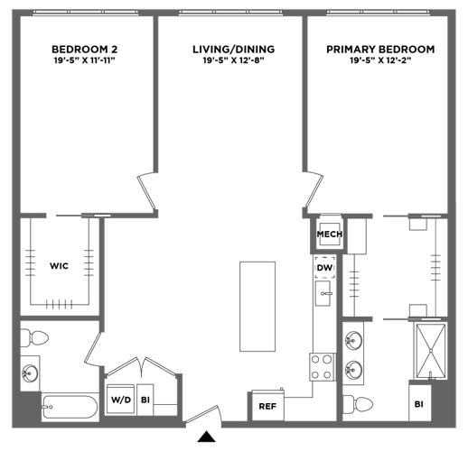Floor Plan  large two bed, walk in closet, double vanity, washer dryer in unit, eat in kitchen, luxury finishes