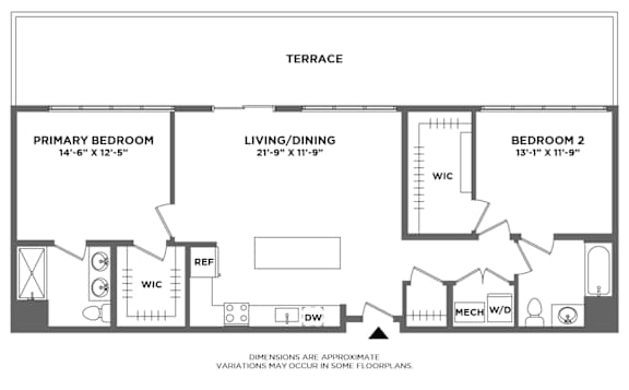 Floor Plan  penthouse two bedroom, high ceilings, walk in closets, double vanity, large terrace, open living area, washer dryer in home, luxury finishes