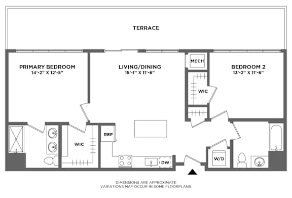 Floor Plan  large private terrace, double vanity, open layout, washer dryer in unit, shower stall, oversized windows, hardwood floors