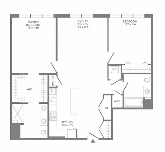 Floor Plan  A floor plan of a house with a master bedroom, living/dining area, kitchen, and a master bathroom.