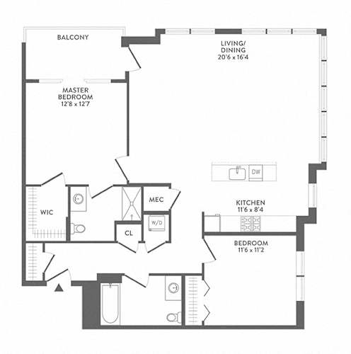Floor Plan  A floor plan of a house with a master bedroom, a living/dining area, a kitchen, a bathroom, and a balcony.