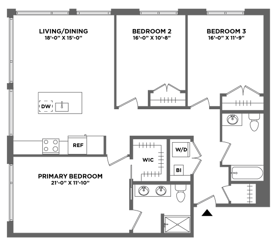 Floor Plan  large three bed, corner views, walk in closets, work from home, office, closet space