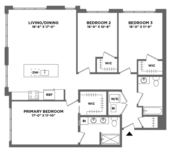 Floor Plan  three bed, corner views, walk in closet, washer dryer in unit, office space, stall shower, tub shower