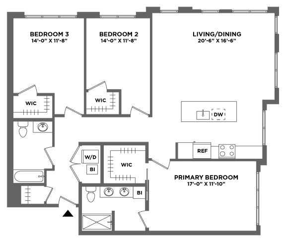 Floor Plan  large three bedroom two bath, master suite, walk in closets, luxury finishes, corner unit, oversized wndows