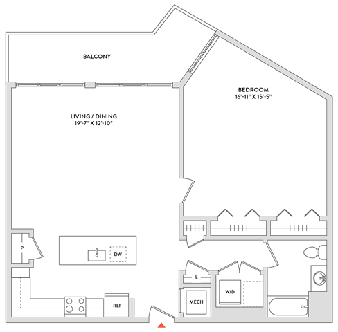 Floor Plan  A floor plan of a house with a balcony, living/dining room, and a bedroom.