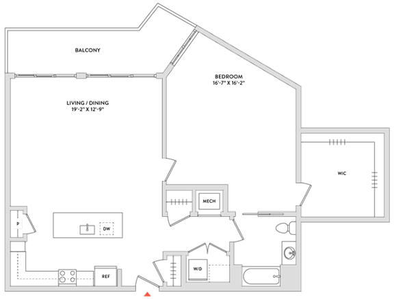 Floor Plan  A floor plan of a house with a balcony, living/dining area, and a WC.