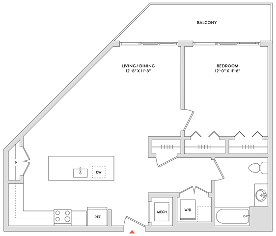 Floor Plan  A floor plan of a house with a balcony, living/dining area, and bedroom.