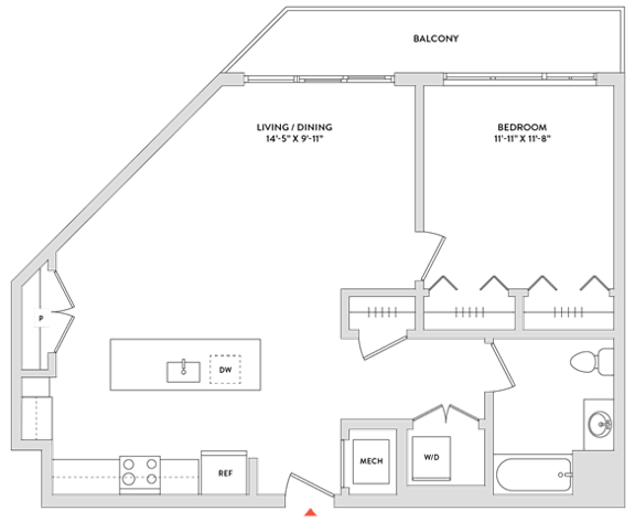 Floor Plan  A floor plan of a house with a balcony, two bedrooms, a living/dining area, a kitchen, a dining table, a bathroom, a study, and a laundry room.