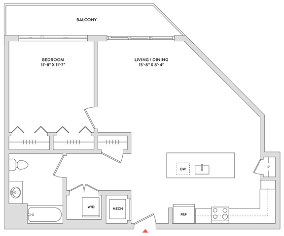 Floor Plan  A floor plan of a house with a balcony, living and dining room, and a kitchen.