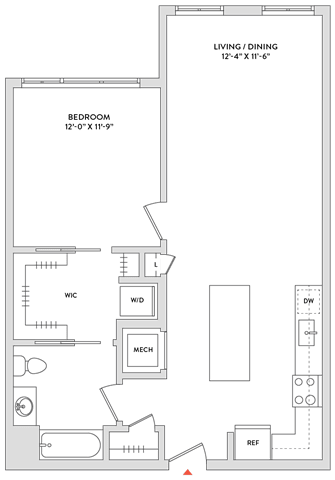 Floor Plan  A floor plan of a house with a living/dining area of 12'4"x17'6" and a bedroom of 8'0"x11'0".