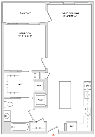 Floor Plan  A floor plan of a house with a balcony, living/dining area, and a master bedroom with an attached bathroom.