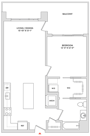 Floor Plan  A floor plan of a house with a balcony, living room, dining room, and kitchen.