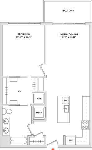 Floor Plan  A floor plan of a building with a balcony, living room, and kitchen.