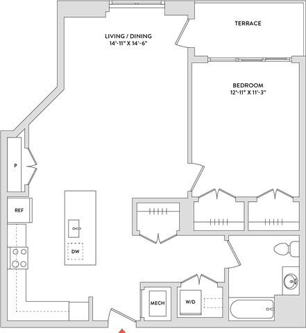 Floor Plan  A floor plan of a house with a living/dining area, terrace, and bedroom.