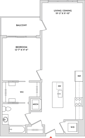 Floor Plan  A floor plan of a house with a living room, dining room, balcony, and bedrooms.
