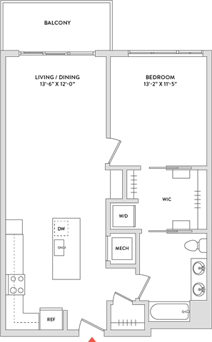 Floor Plan  A floor plan of a home with a living/dining area, bedroom, and WC.