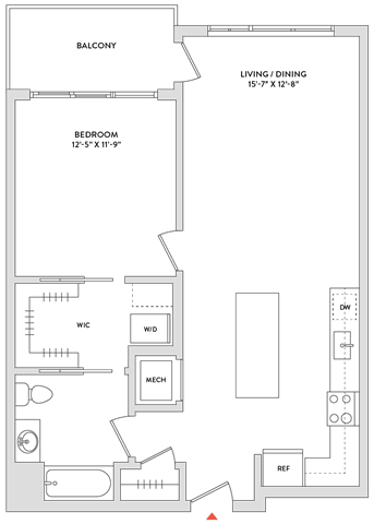 Floor Plan  A floor plan of a house with a balcony, bedroom, and living room.