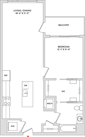 Floor Plan  A floor plan of a house with a living room, dining room, kitchen, and two bedrooms.