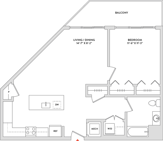 Floor Plan  A floor plan of a house with a balcony, living/dining area, and bedrooms.