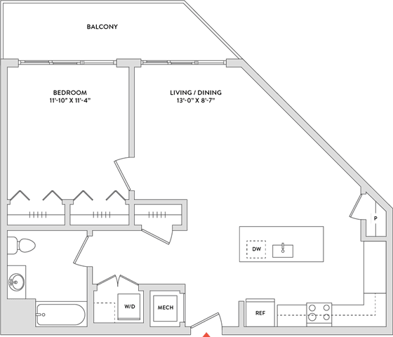 Floor Plan  A floor plan of a house with a balcony, bedroom, living/dining area, and a kitchen.