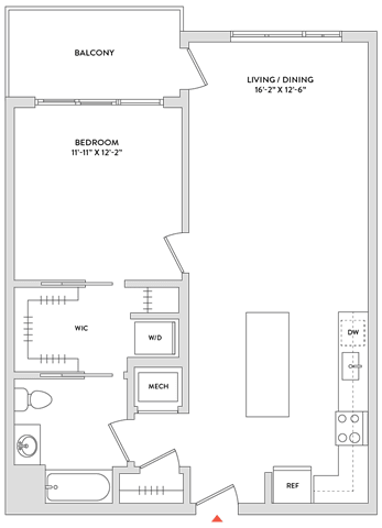 Floor Plan  A floor plan of a house with a balcony, bedroom, and living/dining area.