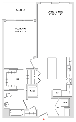 Floor Plan  A floor plan of a house with a balcony, bedroom, living/dining area, and kitchen.