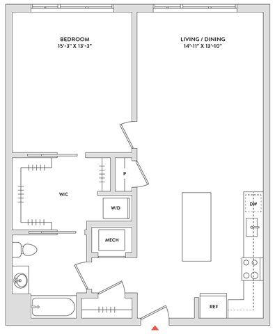 Floor Plan  A floor plan of a house with a bedroom, living/dining area, and kitchen.