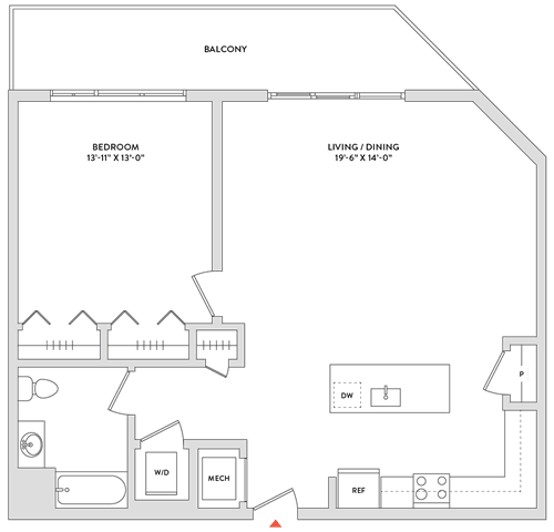 Floor Plan  A floor plan of a house with a balcony, bedroom, living/dining area, and kitchen.
