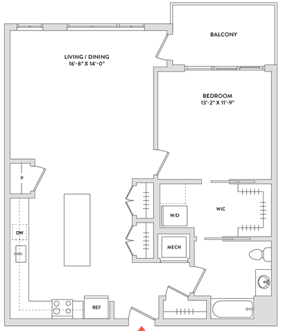 Floor Plan  A floor plan of a house with a balcony, living room, dining room, kitchen, and bathroom.