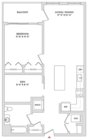 Floor Plan  A floor plan of a house with a balcony, bedroom, den, bathroom, and living/dining area.