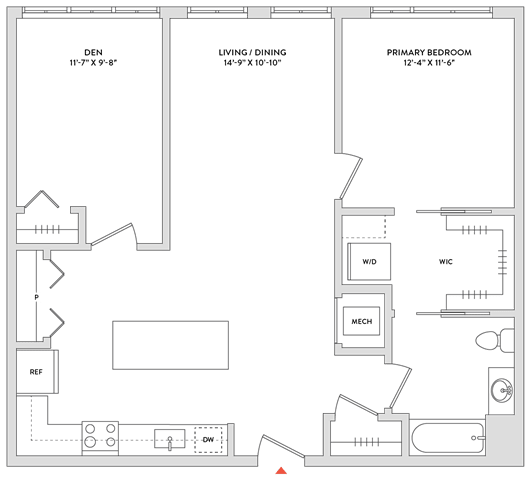 Floor Plan  A floor plan of a house with a den, living/dining area, and primary bedroom.