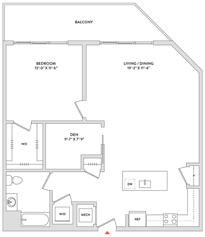 Floor Plan  A floor plan of a house with a balcony, bedroom, living/dining area, and kitchen.