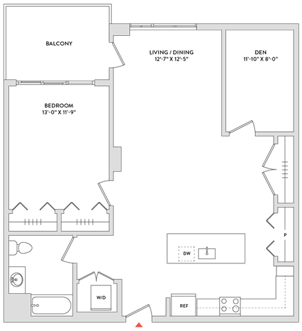 Floor Plan  A floor plan of a house with a balcony, living/dining area, and bedrooms.