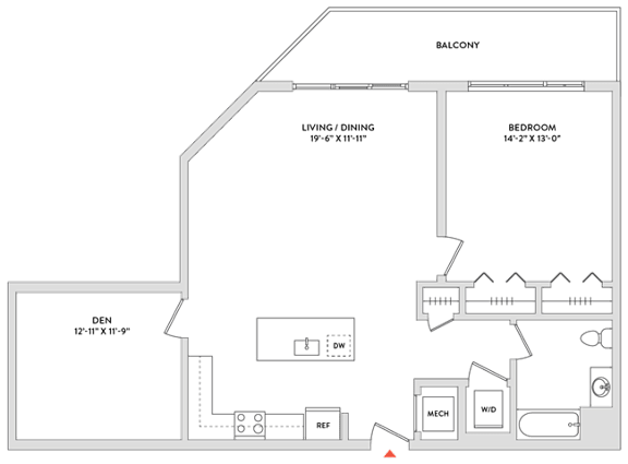Floor Plan  A floor plan of a house with a balcony, living and dining room, den, and bedroom.