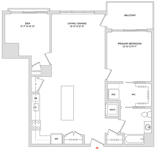 Floor Plan  A floor plan of a house with a balcony, two bedrooms, a living room, and a dining room.