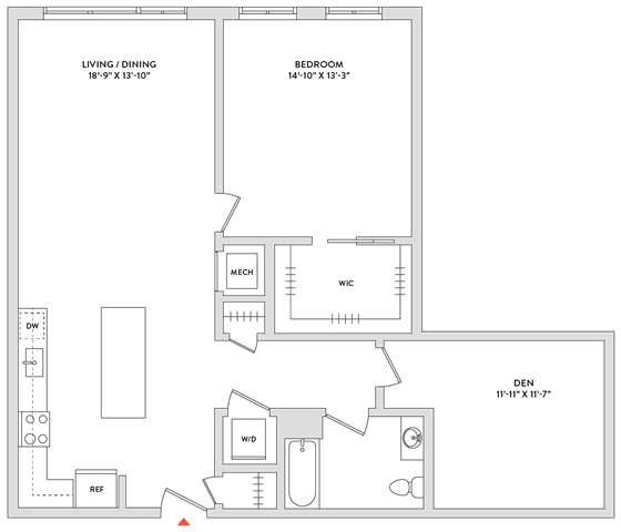 Floor Plan  A floor plan of a house with a living/dining area, two bedrooms, a bathroom, a kitchen, a den, and a laundry room.