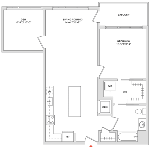 Floor Plan  A floor plan of a house with a balcony, living room, dining room, and bedroom.