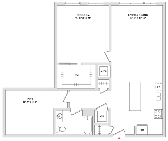 Floor Plan  A floor plan of a house with a bedroom, living/dining area, and a kitchen.