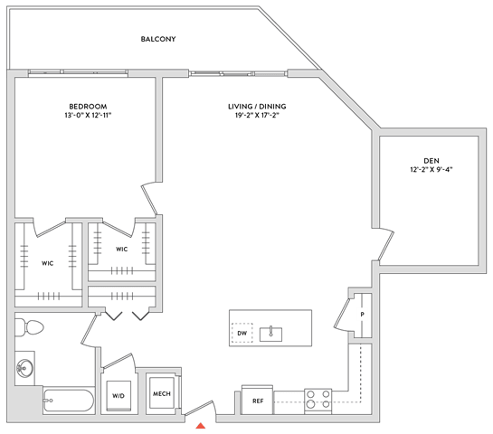 Floor Plan  A floor plan of a house with a balcony, living/dining room, and kitchen.