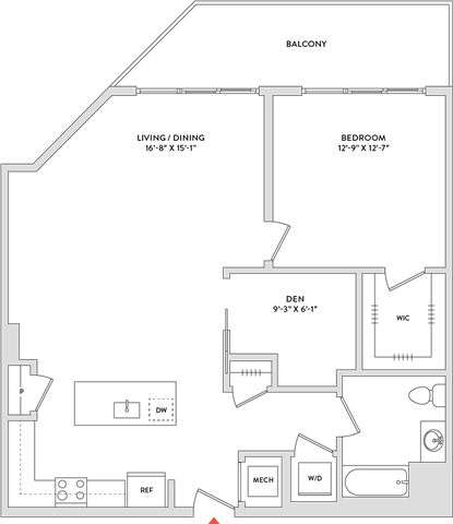 Floor Plan  A floor plan of a house with a balcony, living/dining area, den, and bedrooms.