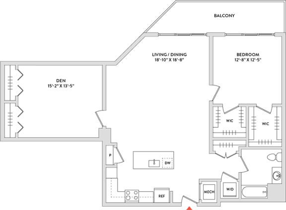 Floor Plan  A floor plan of a house with a den, two bedrooms, a living/dining area, a balcony, and a workspace.