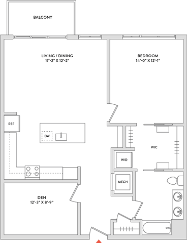 Floor Plan  A floor plan of a house with a balcony, living/dining area, kitchen, and bedroom.
