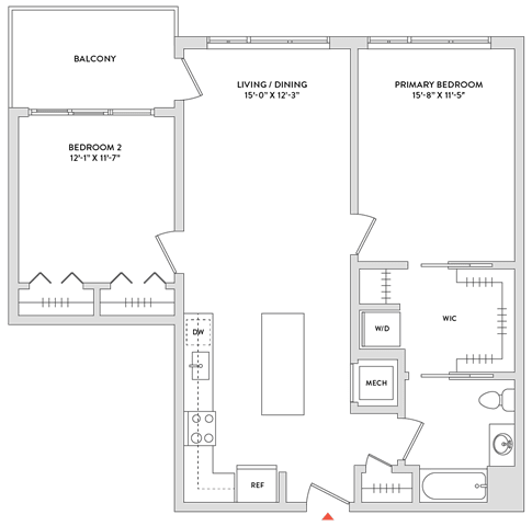Floor Plan  A floor plan of a house with a balcony, two bedrooms, a living/dining area, a prep/kitchen, and a laundry room.