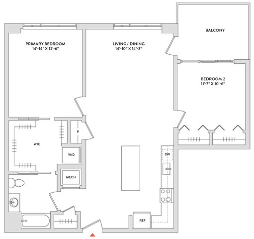 Floor Plan  A floor plan of a house with a balcony, two bedrooms, a living/dining area, and a kitchen.