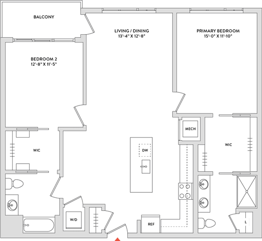 Floor Plan  A floor plan of a house with a balcony, two bedrooms, a living/dining area, a primary bedroom, a kitchen, a bathroom, a laundry room, and a utility closet.